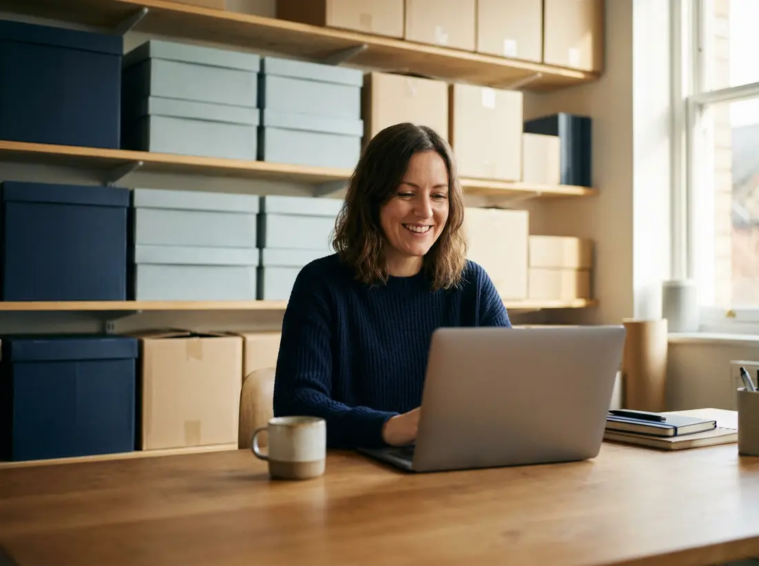 A founder smiling at her laptop in her stockroom office